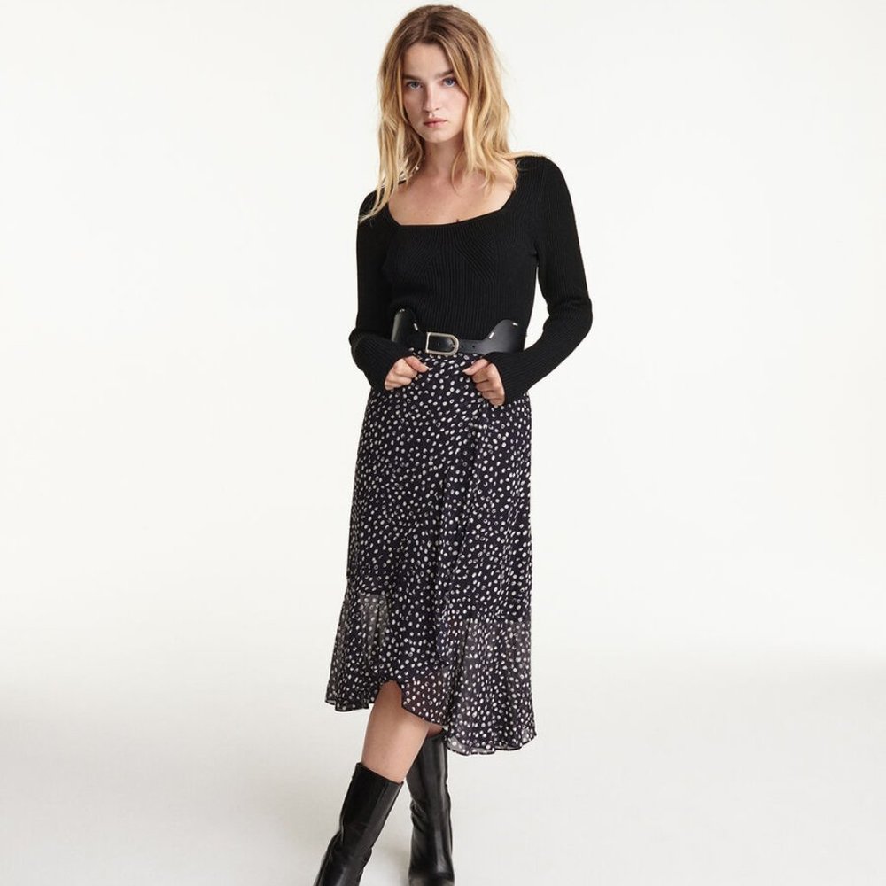 KOOPLES LONG FLOWING NAVY BLUE SKIRT WITH POLKA DOTS Size 1